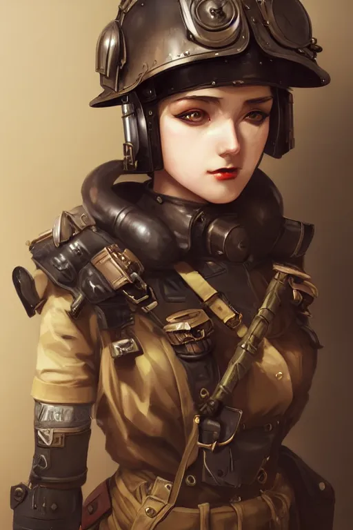 Prompt: dieselpunk soldier girl, helmet, shoulders, chest, portrait, armored, highly detailed, sharp focus, art, illustrations by wlop and ayanamikodon and irakli nadar and loish and rossdraws