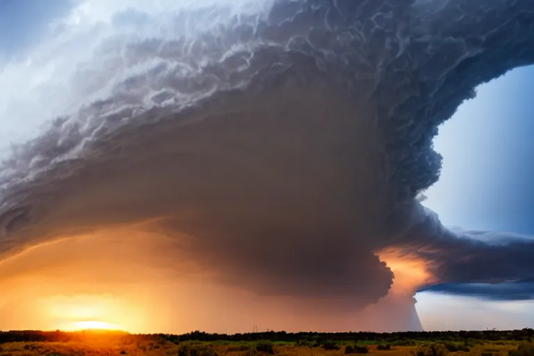 Image similar to a photo of a supercell thunderstorm, illuminated from various angles by the setting sun, cinematic