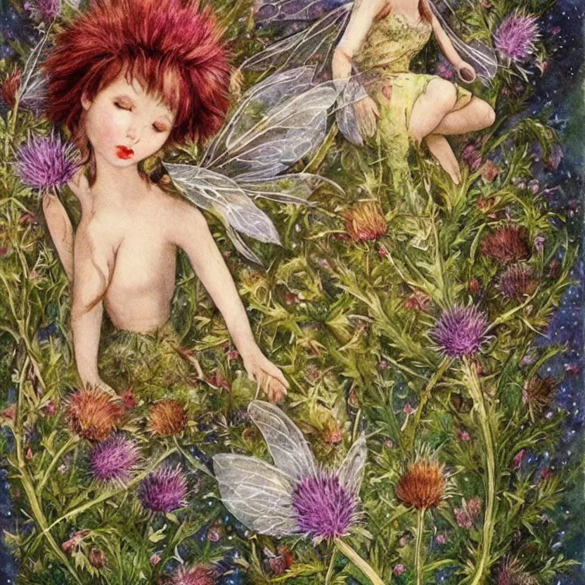 Image similar to a beautiful fairytale painting of a cute thistle seed fairy, a fairy made out of a thistle seed.