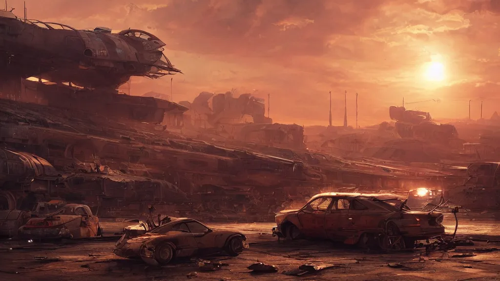 Prompt: a Photorealistic hyperrealistic render of a gigantic spaceship landing at a Junkyard by Greg Rutkowski,Vitaly Bugarov,Nicolas Bouvier SPARTH,James Paick,WLOP, Juan Gimenez,PIXAR,dramatic moody sunset lighting,long shadows,Volumetric, cinematic atmosphere, Octane Render,Artstation,8k