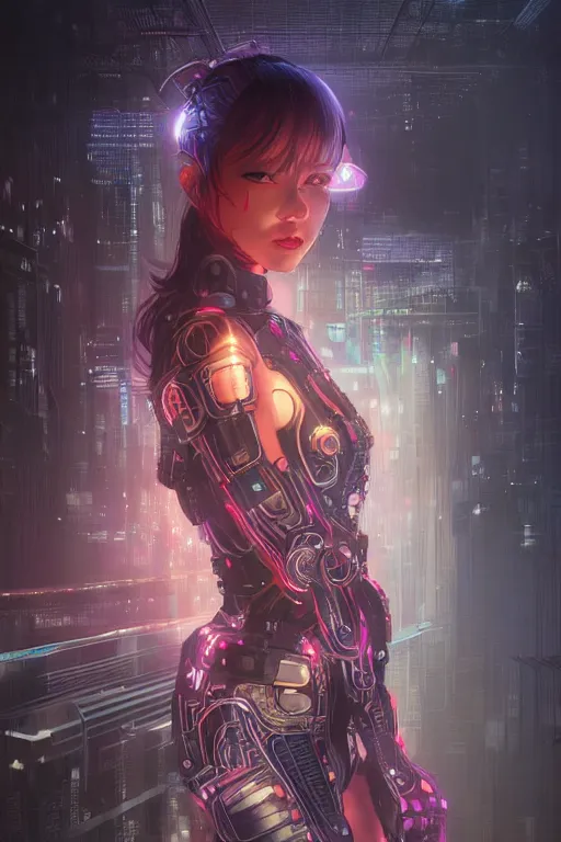 Image similar to portrait futuristic Cyber warrior Girl, in future cyberpunk tokyo rooftop , ssci-fi, fantasy, intricate, very very beautiful, elegant, neon light, highly detailed, digital painting, artstation, concept art, smooth, sharp focus, illustration, art by WLOP and tian zi and alphonse mucha