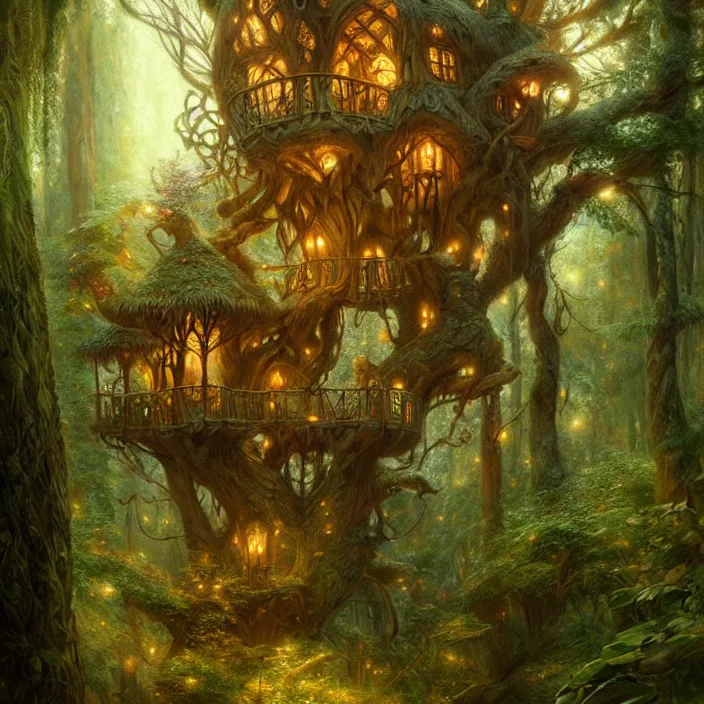Image similar to cozy enchanted treehouse in ancient forest , diffuse lighting, fantasy, intricate, elegant, highly detailed, lifelike, photorealistic, digital painting, artstation, illustration, concept art, smooth, sharp focus, art by John Collier and Albert Aublet and Krenz Cushart and Artem Demura and Alphonse Mucha