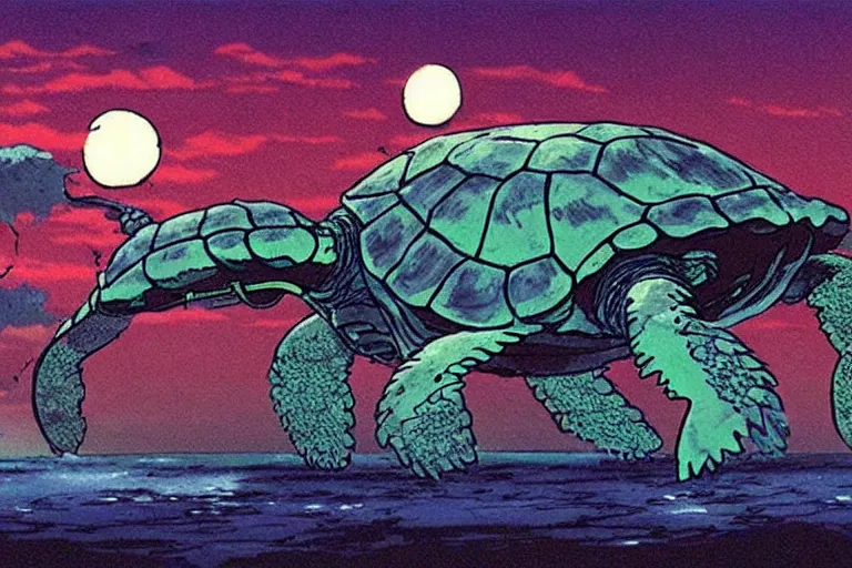 Prompt: a still from princess mononoke ( 1 9 9 7 ) film of a giant mechanized sea turtle, at night in the suburbs. full body, wide shot, very muted colors, post grunge, studio ghibli, laurie greasley, highly detailed, deviantart, art by artgem