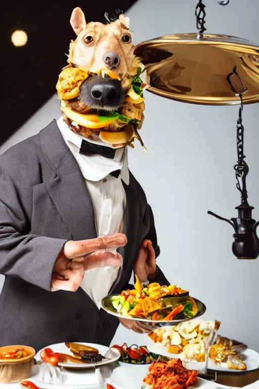 Image similar to a dog - headed waiter holding a plate of food