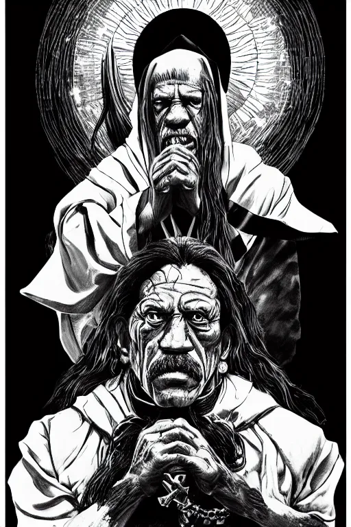 Image similar to Danny Trejo as church nun, dark fantasy, highly detailed, artstation, manga illustration by Kentaro Miura berserk