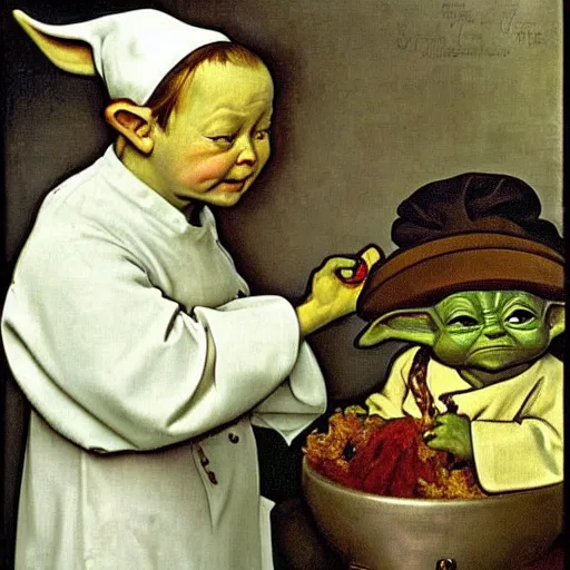 Image similar to baby yoda as a chef wearing a white apron and wearing a white chef's hat, by Jan van Eyck, by alphonse mucha