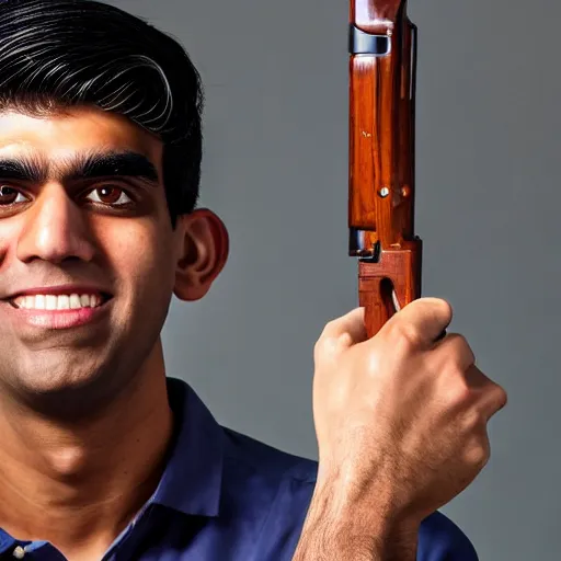 Image similar to Medium shot photograph of Rishi Sunak holding an AK-47, 8k, ultrahd