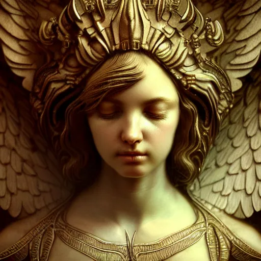 Image similar to crying angel, very detailed face, detailed features, fantasy, circuitry, explosion, dramatic, intricate, elegant, highly detailed, digital painting, artstation, concept art, smooth, sharp focus, illustration, art by Gustave Dore, octane render