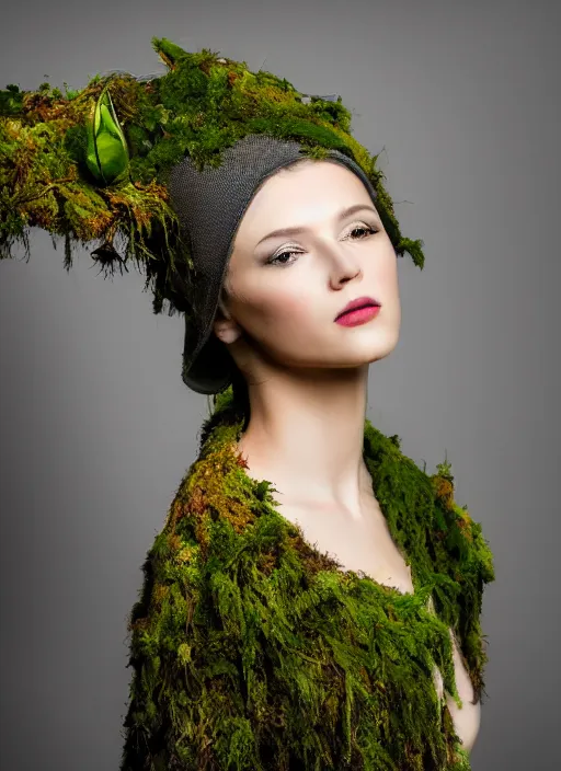 Image similar to a photo of a female model, orgnic headpiece, vines, horn, moss, fashion photography, realistic, hyperdetails, dark grey backdrop studio, tree bark and moss costume