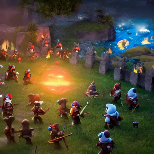 Image similar to epic battlefield of smurfs with medieval weapons battling, red moon shining golden red light, miniaturecore, nintendocore, supremely digital, medieval, unreal engine, super detailed, dreamlike lighting, god rays