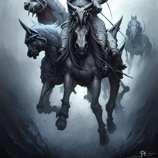 Image similar to concept art by artgerm, death of the four horsemen of the apocalypse, soft grey and blue natural light, intricate, queen of death riding, highly detailed dark art, digital painting, artstation, concept art, smooth, sharp focus, illustration, art by greg rutkowski and luis rollo and uang guangjian and gil elvgren, symmetry!