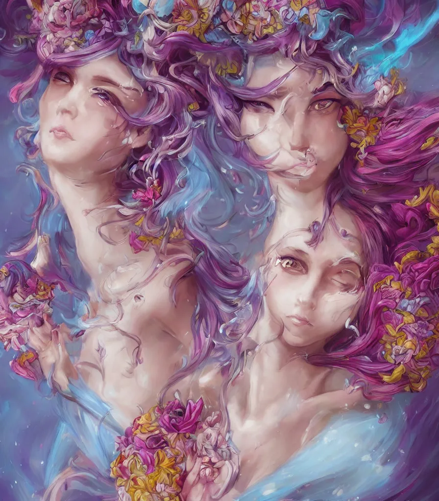 Prompt: a colorful and provenance portrait painting of the fantasy female who with floral wing, highly detailed, her hair made of hair made of air wind and curling smoke and genie, spirit fantasy concept art, art by the wings made of flowers, spirit fantasy concept art, art by aenami, alena, afshar, petros and leonid, trending on artstation.