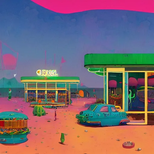 Image similar to psychedelic beachfront fast food restaurant by simon stalenhag