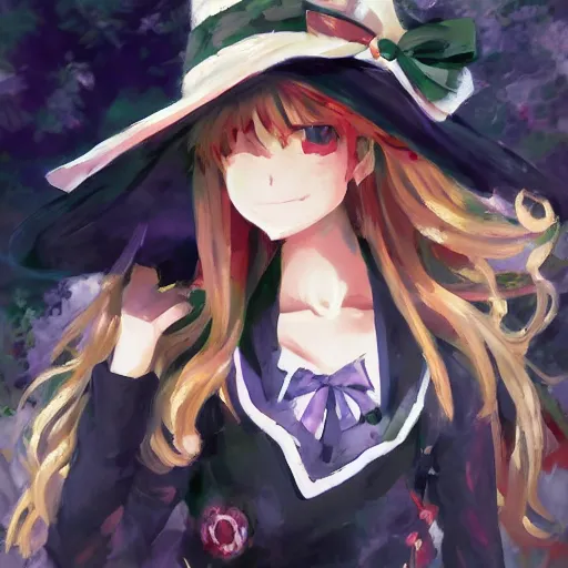 Prompt: Kirisame Marisa, touhou project, ZUN, beautiful portrait, oil on canvas, official artwork, trending on artstation, in the style of Antoine Blanchard, wide strokes