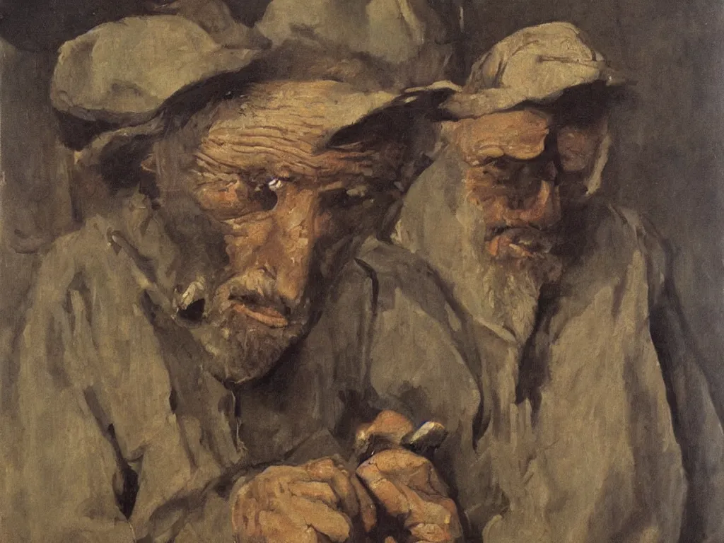 Image similar to portrait of an aged woodcutter. painting by borremans