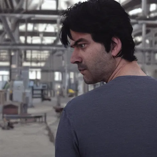 Image similar to a guy in a grey shirt with long sleeves and wearing dark blue jeans, dark black hair and no visible facial hair at all looking in the distance to see a factory plotting something ( highly detailed, and cinematic movie shot, greatly illustrated, photo - realistic, hyperrealistic image, 4 k, uhd, good quality still frame photo )