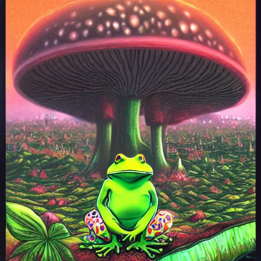 Image similar to A centered waist up portrait of a scary psychedelic godlike anthropomorphic frog smoking an anime blunt , magic mushroom village in background . award winning. superb resolution. in the art style of junji Ito and greg rutkowski . Detailed Mushroom city in background. Hyper realistic anime. Perfect art. Dalle2