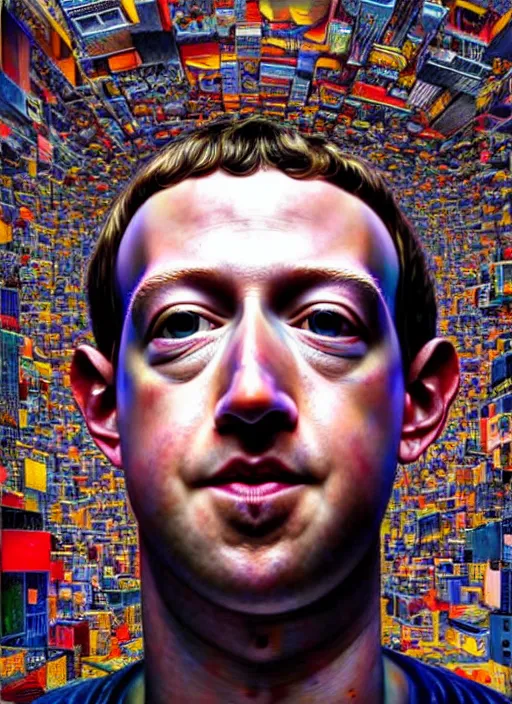 Image similar to hyper detailed 3d render like an Oil painting - Portrait of Mark Zuckerberg as a cyborg by Jacek Yerka, Mariusz Lewandowski, Houdini algorithmic generative render, Abstract brush strokes, Masterpiece, Edward Hopper and James Gilleard, Zdzislaw Beksinski, Mark Ryden, Wolfgang Lettl, hints of Yayoi Kasuma, octane render, 8k