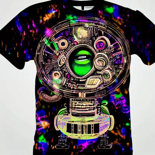 Image similar to mockup of a black tshirt with a hyperdetailed portrait of a happy steampunk robot on lsd, 8 k, symetrical, flourescent colors, happy trippy mood, multicolored,