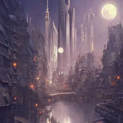 Image similar to It’s crowded streets of German sleeping quarters on the Moon city, Frankfurt, sci-fi, fantasy, intricate, very very beautiful, elegant, highly detailed composition, digital painting, artstation, concept art, smooth, sharp focus, illustration, art by artgerm and greg rutkowski and alphonse mucha