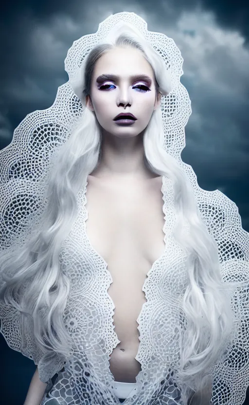 Prompt: portrait of a fierce nubile young woman with white makeup and long dark hair, painted in futuristic white latex, waves of billowing doily dress, clear skin, elegant, graceful, fashionable, cinematic, hyperdetailed illustration by irakli nadar and alexandre ferra, depth of field, global illumination,