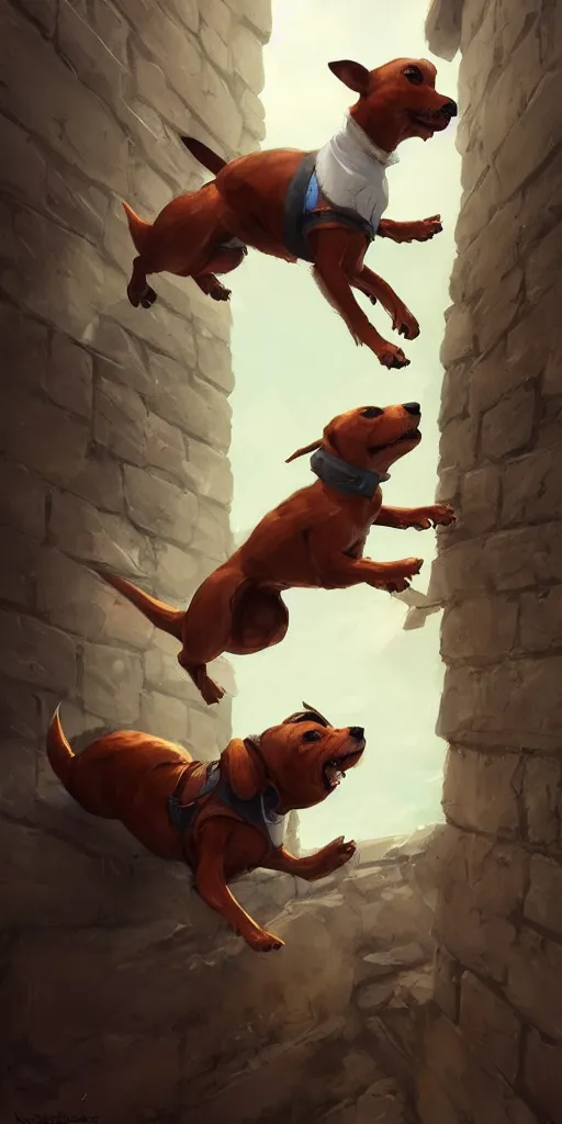 Prompt: adorable jack russel terrier jumping over a brick wall, fantasy art, artstation character design contest winner, trending on cgsociety, concept art, speedpaint, beautiful digital art, jesper ejsing, james jean, justin gerard, fenghua zhong, makoto shinkai, highly detailed