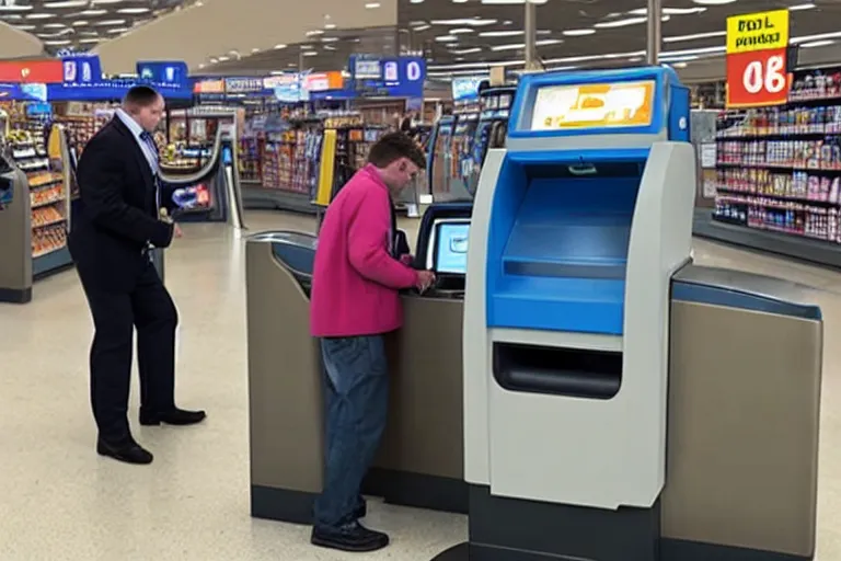 Image similar to huckleberry hound trying to use a self checkout with cash