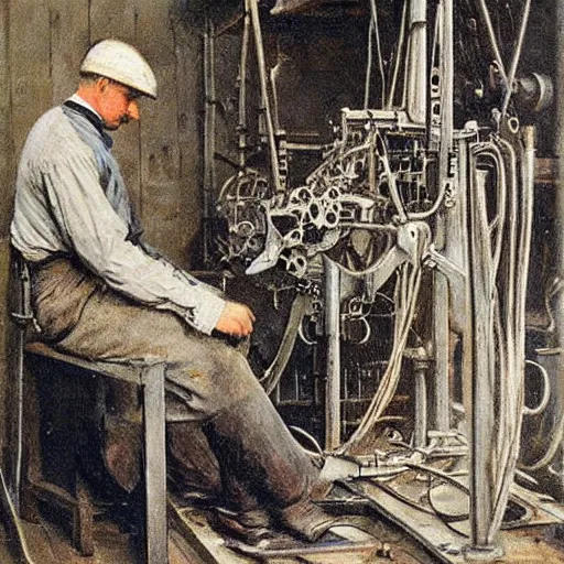 Image similar to edwardian engineer working on a complicated machine, painting by alfred stevens