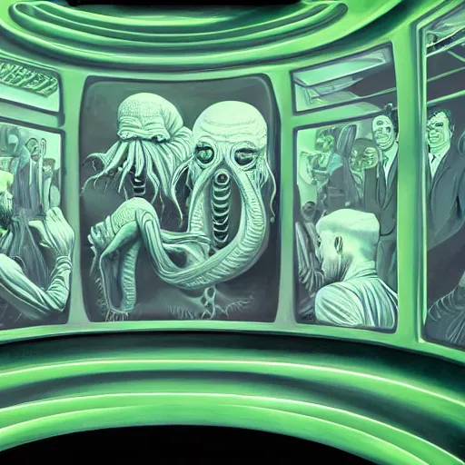 Prompt: scientists watching a clone of cthulhu in culture capsule, bio chemical illustration, hyperealistic, detailed photography, divinity, awful, religious art, sci - fi, green light