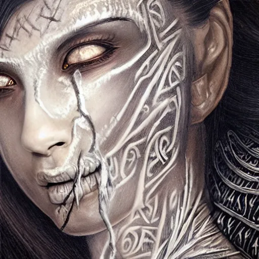 Image similar to Closeup of realistic asian Sumerian Death Goddess chalk skin etched with runic icons + mystical symbols, with small bleached bones covering vest and flowing electricity and smoke , fantasy, intricate, elegant, highly detailed, digital painting, artstation, concept art, matte, sharp focus, illustration, ghostbusters poster, art by Artgerm and peter mordenbacher