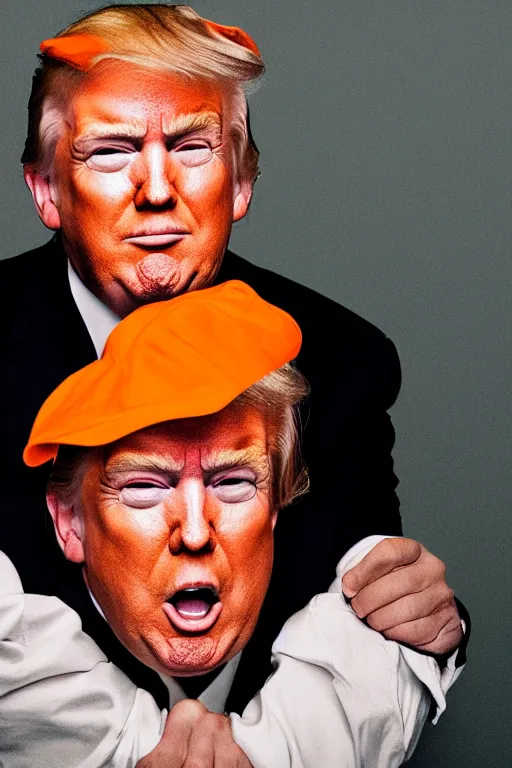 Image similar to Close-up portrait of Donald Trump in jail wearing orange clothes with an American bald eagle attacking him, octane, dramatic lighting, editorial photo, 35mm, very detailed