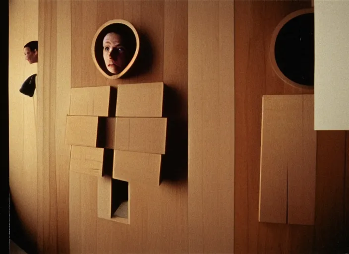 Image similar to realistic photo portrait of the a human computer made of wooden fragments levitating in the living room wooden walls 1 9 9 0, life magazine reportage photo