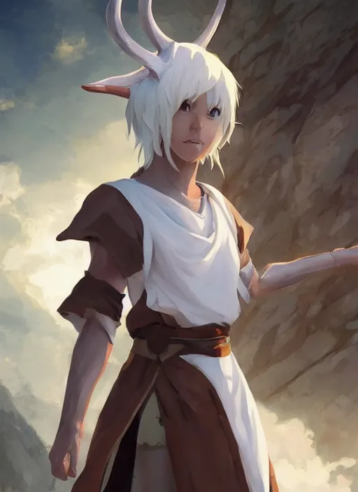 Image similar to concept art painting of a fully clothed person with brown skin and short white hair, demon horns, deer ears, blue tunic and robes, detailed, d & d style, cel shaded, in the style of ruan jia and artgerm and makoto shinkai and james gurney