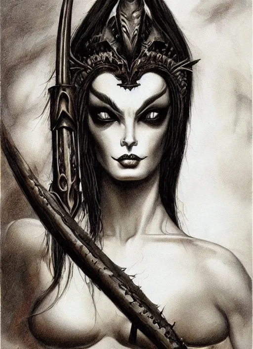 Image similar to portrait of demoness warrior, black iron tiara, strong line, deep color, forest, beautiful! coherent! by boris vallejo, by frank frazetta, minimalism