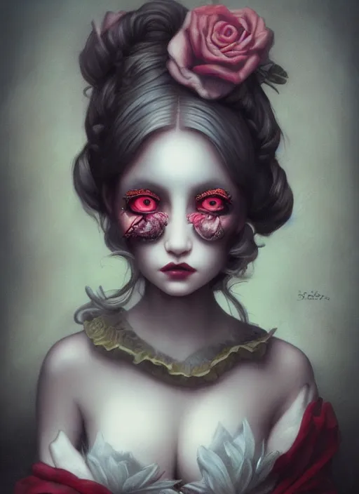 Image similar to pop surrealism, lowbrow art, realistic cute seductive girl painting, japanese street fashion, hyper realism, muted colours, rococo, natalie shau, loreta lux, tom bagshaw, trevor brown style,