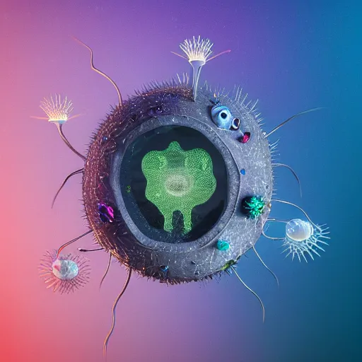 Image similar to tiny single - cell creature, floating, rbc, radiolaria, protophyta, micro - organisms, center, symmetric, rim light, marine microbiology, bioluminescence, electric, fur, soft, concept art, intricate details, highly detailed, colorful, photorealistic, disney pixar, octane render, iridescent, anime, 8 k