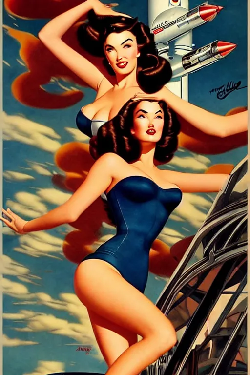 Prompt: beautiful megan fox retro space varga girl riding a rocket in a diesel punk city, windblown dark hair, retro pinup model, seductive, 1 9 4 0, glamour pose, intricate, smoke, hyper detailed, digital art, smooth, sharp focus, alberto vargas, gil elvgren, greg rutkowski