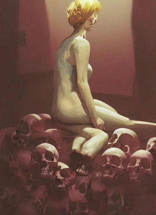 Prompt: woman sitting on a pile of skulls, snowing night by Edward Hopper and James Gilleard, Zdzislaw Beksinski, Katsuhuro Otomo highly detailed