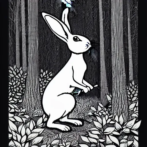 Image similar to an epic profile of a rabbit smoking a cigarette deep in the forest, striking pose, black and white illustration, creative design by junji ito