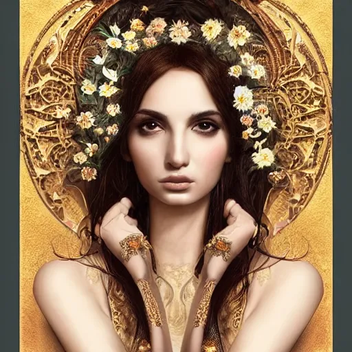 Image similar to Portrait of a Arabic Supermodel wearing a floral crown, porcelain skin, angry look, long dark hair, beautiful bone structure, shiny gold background, intricate, elegant, highly detailed, digital painting, artstation, concept art, smooth, sharp focus, illustration, art by artgerm and greg rutkowski and alphonse mucha