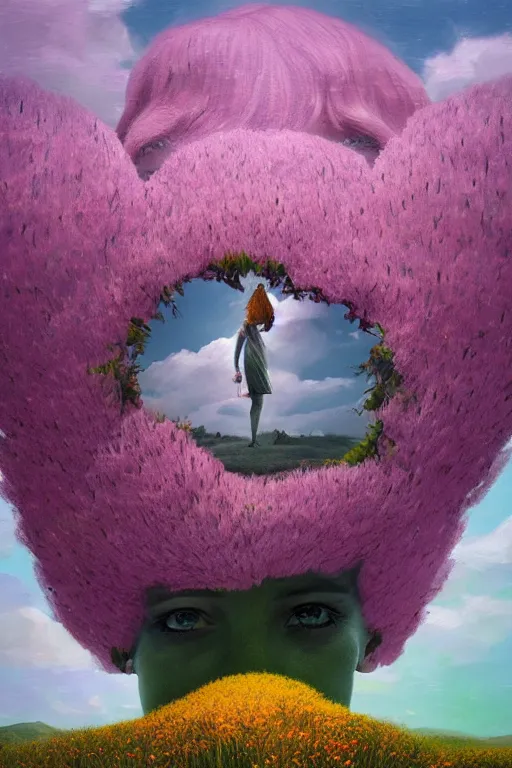 Prompt: closeup, giant flowers as head mohawk, a woman in a heather field, surreal photography, starlight, storm clouds, impressionist painting, digital painting, artstation, simon stalenhag