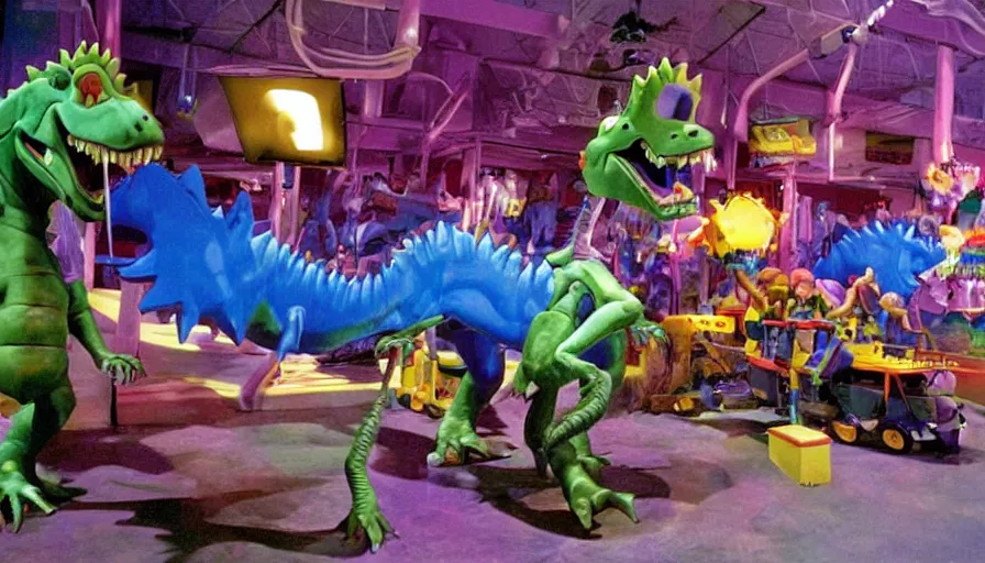 Image similar to 1990s photo of inside the Rugrats show ride at Universal Studios in Orlando, Florida, children riding in baby walkers battling Reptar a large dinsaur, shooting lazers, explosions, cinematic, UHD