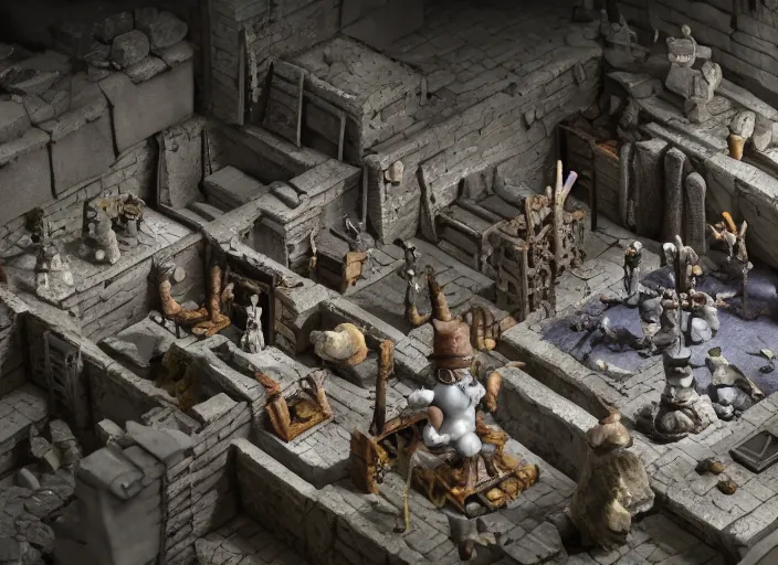 Image similar to detailed studio photography of a claymation diorama of an isometric dungeon game level design, zeiss lens, detailed, by erwin olaf, joop geesink, wes anderson, jim henson, brian froud, breathtaking, 8 k resolution, beautiful lighting, studio light, extremely detailed, establishing shot, realistic materials, hyperrealistic