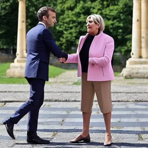 Prompt: emmanuel macron and marine lepen shaking hands