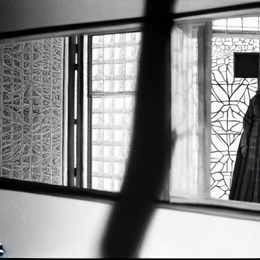 Prompt: woman in traditional hanbok waiting in living room while the shadow of a giant Kaiju-eiga starfish is behind the screen window, 35mm film still, monochrome Wes Anderson and Fritz Lang