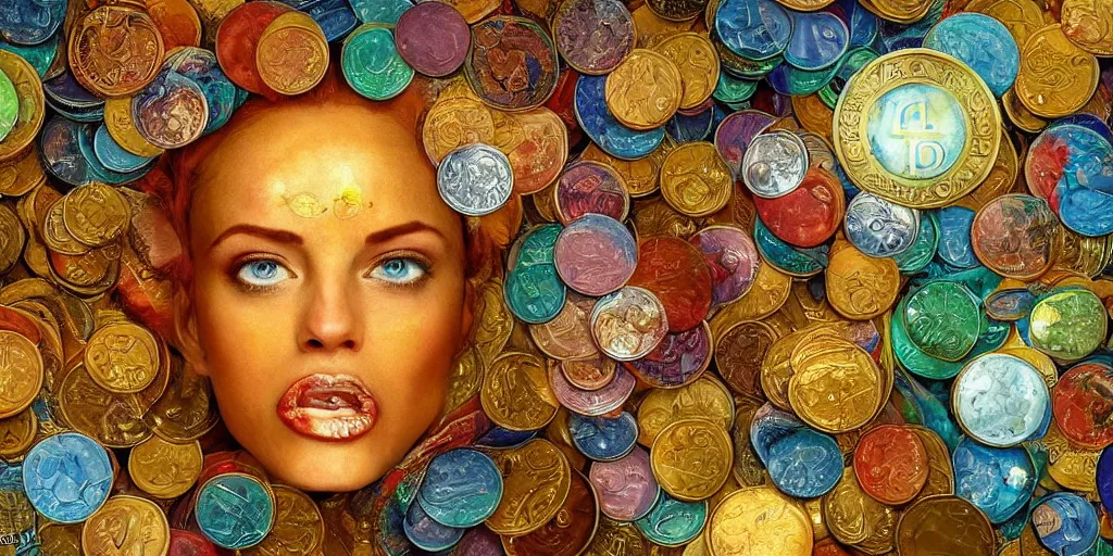 Prompt: astral _ head _ spit _ open _ at _ bottom _ spilling _ out _ coins _ out _ top. _ each coin side is a window to different universes by _ yvonne _ mcgillivray _ by _ mandy _ jurgens _ by _ michael _ divine _ god _ powerful _ eyesglow.