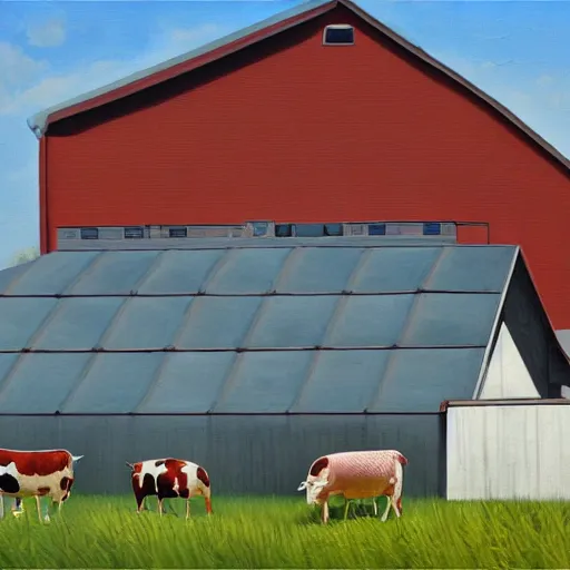 Image similar to exterior view of modern futuristic farm barn architecture, silo, feed troughs, cows, pigs, chickens, detailed luminescent oil painting 4 k