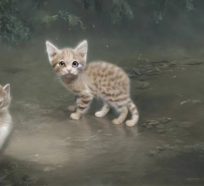 Image similar to a painting of a cute light beige brown kitten at a river. fur pattern. character design by cory loftis, fenghua zhong, ryohei hase, ismail inceoglu and ruan jia. volumetric light, detailed, rendered in octane