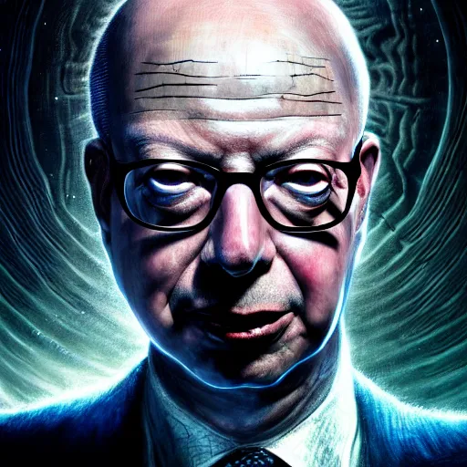 Prompt: uhd photorealistic dark scifi illustration of klaus schwab, reading necronomicon, wearing bizarre voodoo makeup. cinematic lighting, intricate makeup, swirling ghosts, in the style of akira toriyama, beksisnski, amano and karol bak, evil, fantasy, hyperdetailed.