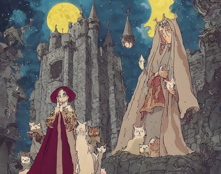 Image similar to a cute old witch queen wearing a heavily embroidered velvet cloak, surrounded by fluffy cats, in a old medieval castle, by hayao miyazaki, studio ghibli, anime masterpiece, sharp, wide angle shot, head to toe, standing pose, feet on the ground